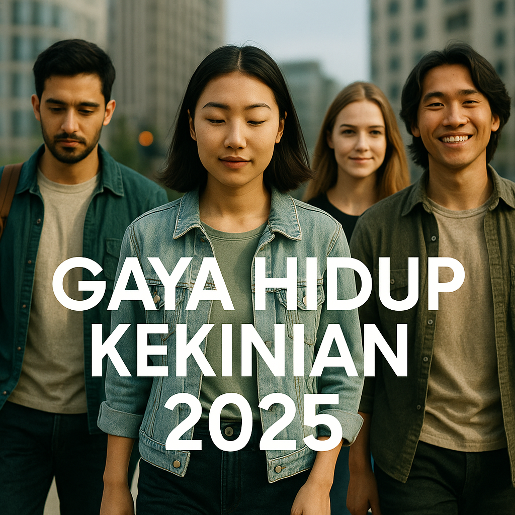 Grup muda urban berjalan di kota modern — gaya hidup kekinian 2025.
