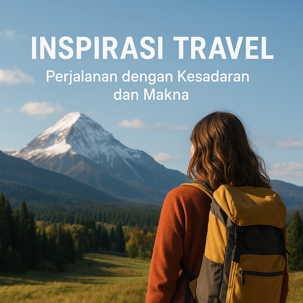 Seorang traveler dengan ransel kuning-oranye berdiri menghadap pegunungan bersalju di bawah langit biru cerah, mewakili tema inspirasi travel dan perjalanan penuh kesadaran.