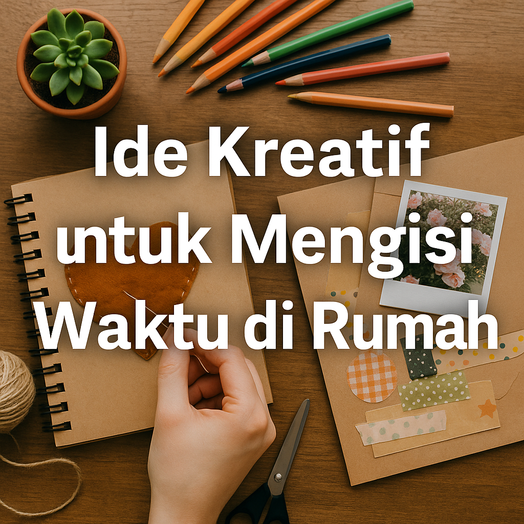 “Ide kreatif untuk mengisi waktu di rumah dengan aktivitas DIY, terlihat tangan membuat kerajinan, alat tulis warna-warni, scrapbook, dan dekorasi kecil di meja kayu.”