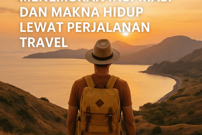Seorang pria mengenakan topi dan ransel kuning berdiri di atas bukit menghadap matahari terbenam dengan tulisan “Menemukan Inspirasi dan Makna Hidup Lewat Perjalanan Travel”, menggambarkan semangat refleksi dan petualangan.
