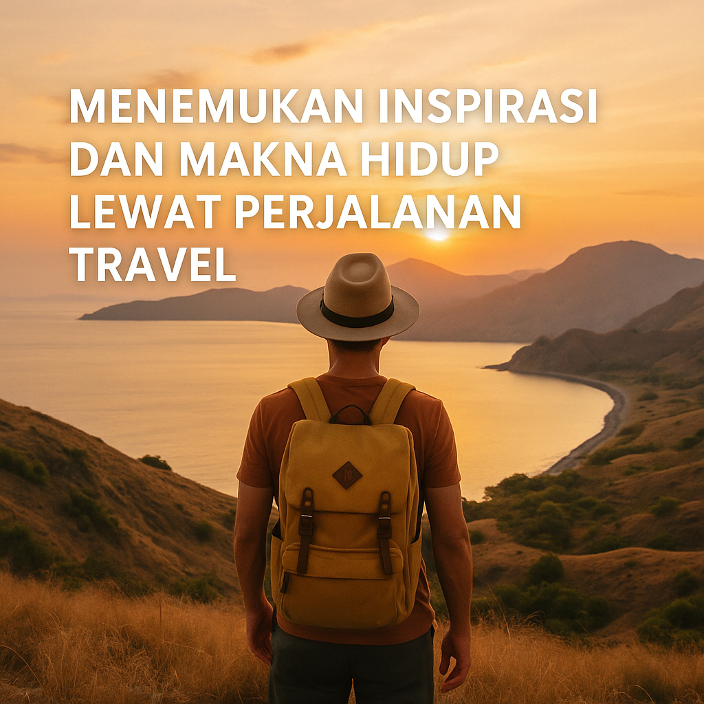 Seorang pria mengenakan topi dan ransel kuning berdiri di atas bukit menghadap matahari terbenam dengan tulisan “Menemukan Inspirasi dan Makna Hidup Lewat Perjalanan Travel”, menggambarkan semangat refleksi dan petualangan.